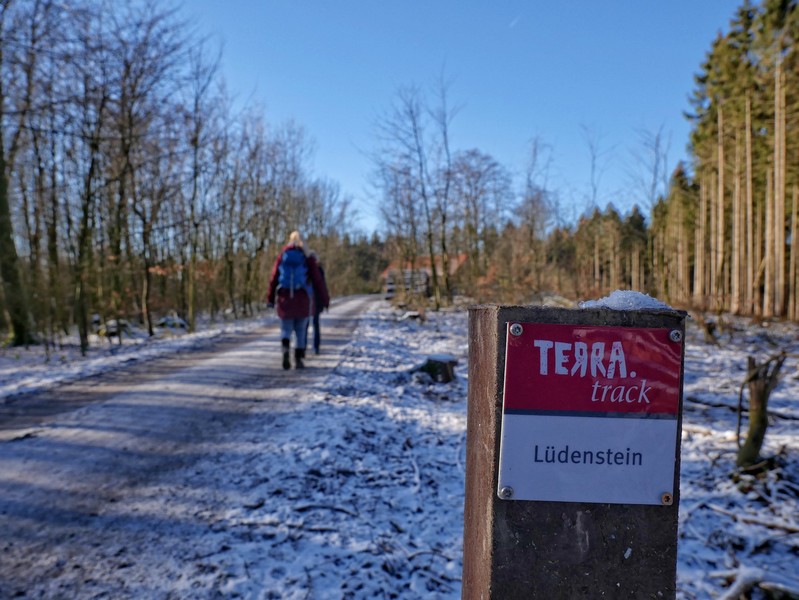 Wanderer auf dem TERRA.track Lüdenstein und Wegweiser