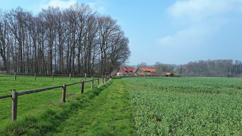 Das Bild zeigt einen Wiesenweg, links einen Zaun und im Hintergrund einen Hof.