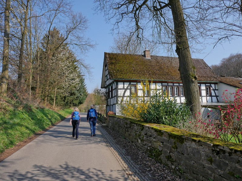 Das Bild zeigt ein gepflegtes Fachwerkhaus an einer mit Moos bewachsenen Mauer. Auf der Straße wandern Meike und Svenja.