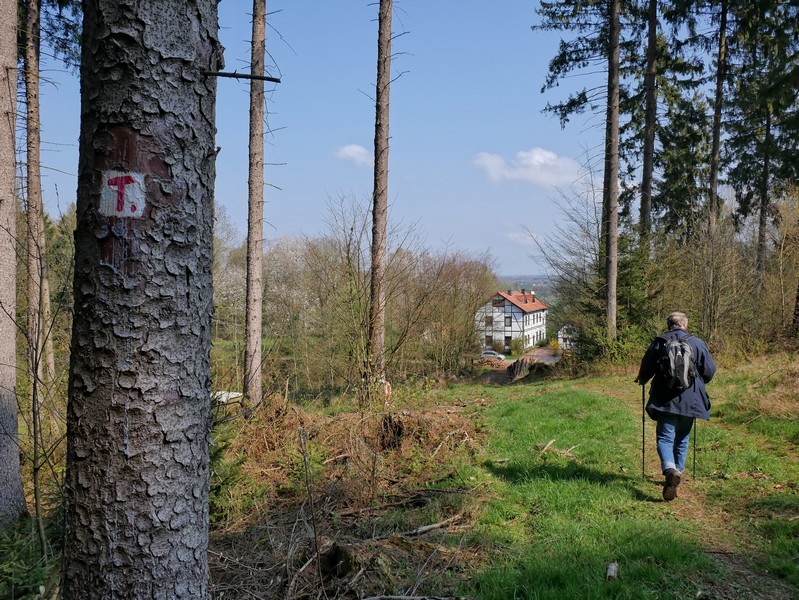 Das Bild zeigt einen Wanderer auf dem TERRA.track Hüggelrundweg, im Hintergrund ist ein Fachwerkhaus zu sehen.