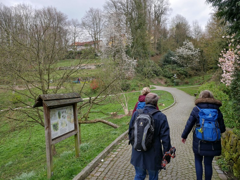 Das Bild zeigt drei Wanderer im Kurpark Tecklenburg.