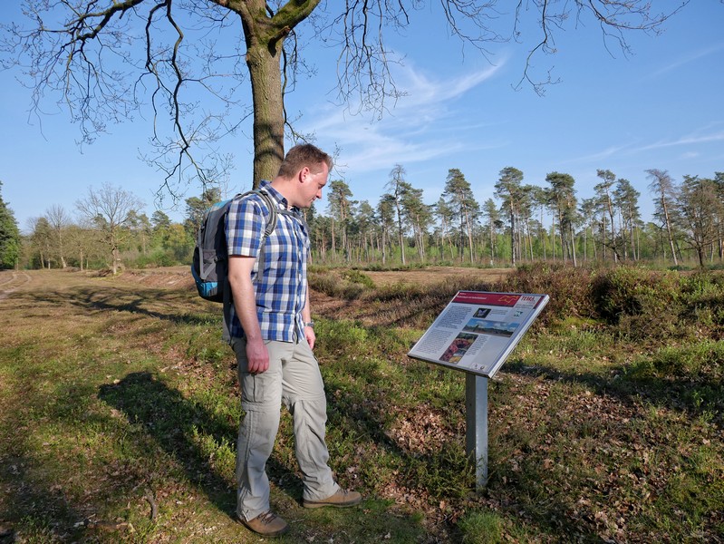 Das Bild zeigt den Wandervogel neben einem Info-Schild zu der Heidelandschaft, die im Hintergrund ebenfalls zu sehen ist.