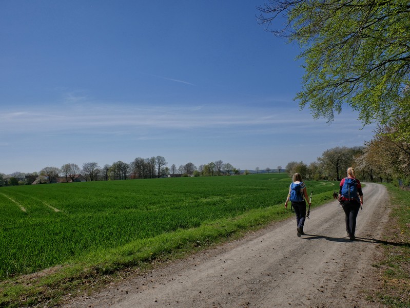 Das Bild zeigt Meike und Svenja am rande eines Feldes auf einem breiten Weg.