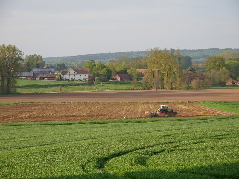 Das Bild zeigt einen Traktor auf einem Feld.