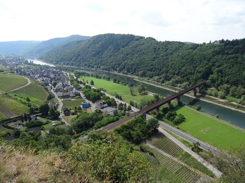 Das Bild zeigt den Blick vom Calmont auf Ediger-Eller, die Mosel und die Eisenbahnbrücke.