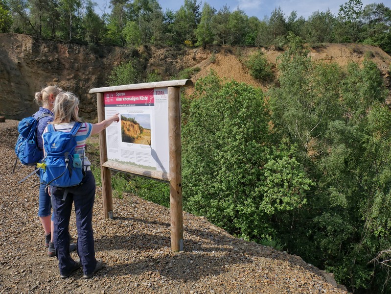 Das Bild zeigt zwei Wanderer an der Info-Tafel im Steinbruch bei Ueffeln auf dem Hünenweg.