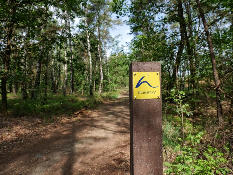 Das Bild zeigt einen Pfahl mit dem blau-gelben Schild vom Hünenweg.