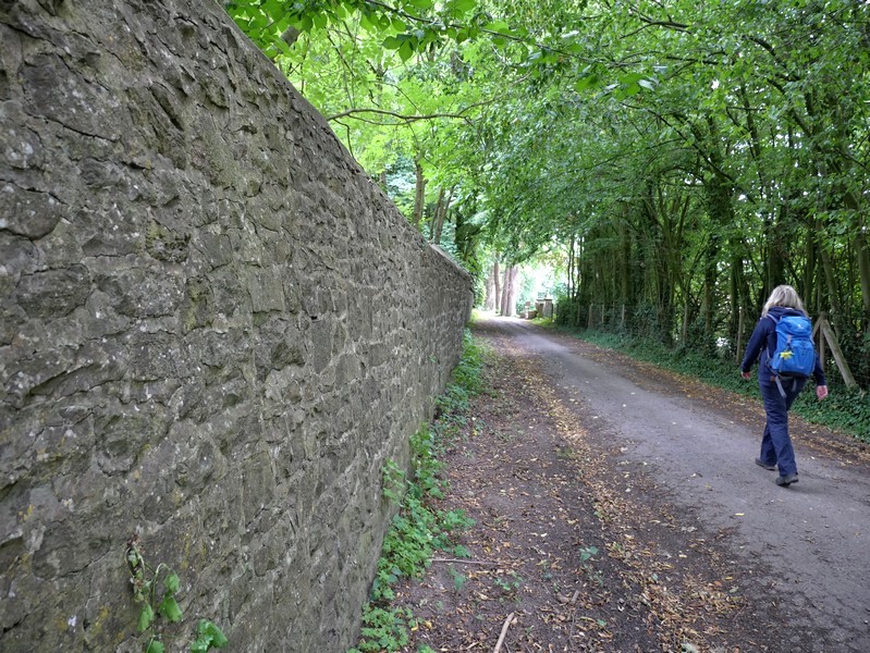 Das Bild zeigt Meike auf dem Wanderweg, der links von einer sehr hohen Steinmauer begleitet wird.